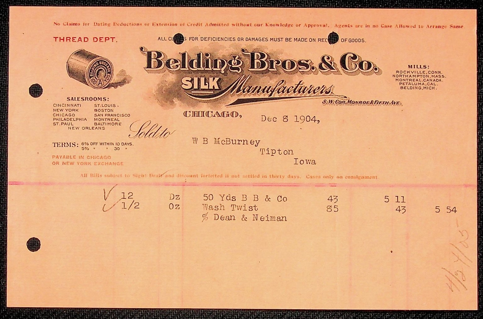 Antique 1904-1905 Belding Bros Silk Manufacturers Invoices Lot of 4 Mercantile