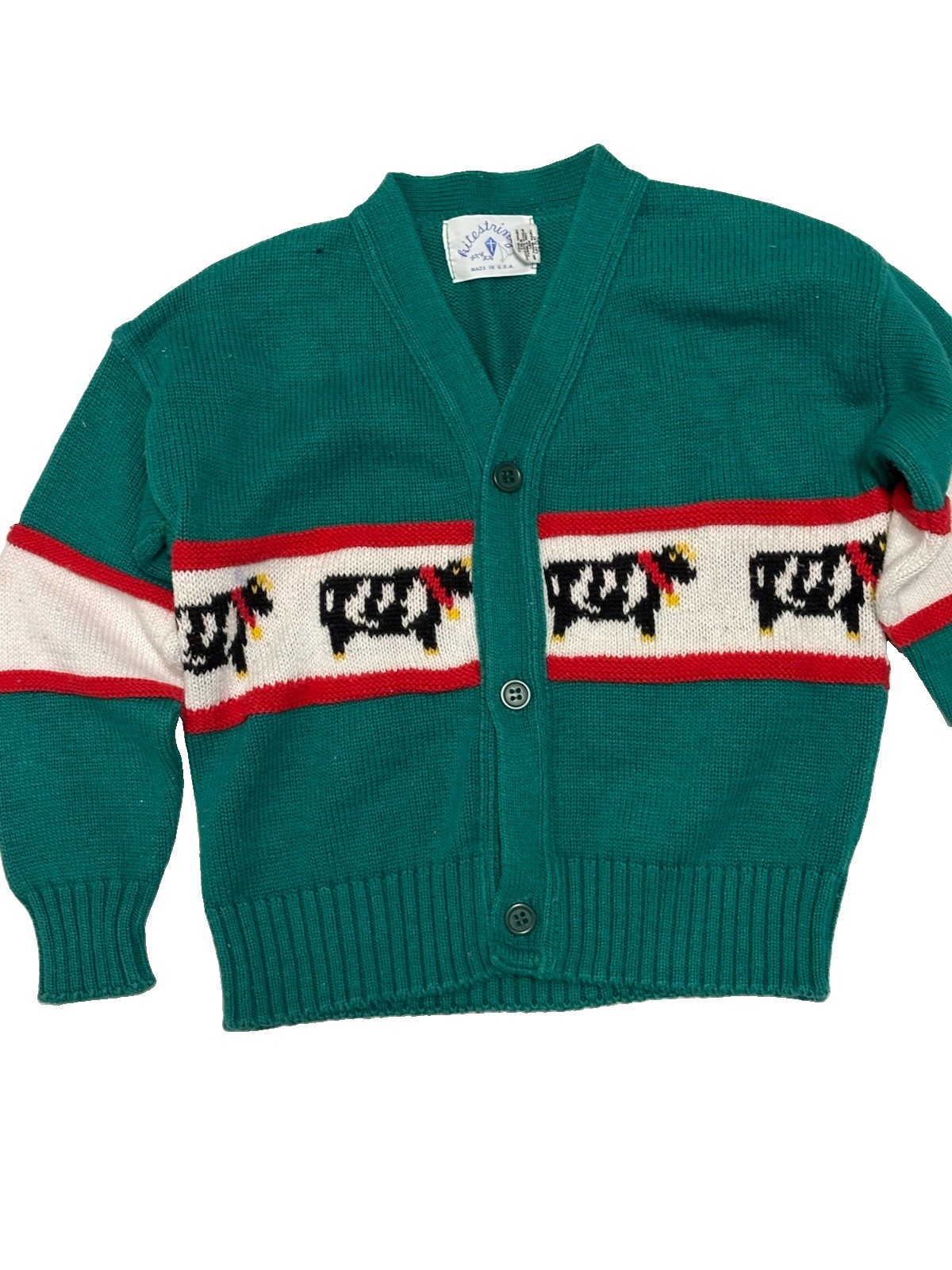 Vintage Kitestrings Sweater 4T Cotton Cardigan Cows Green
