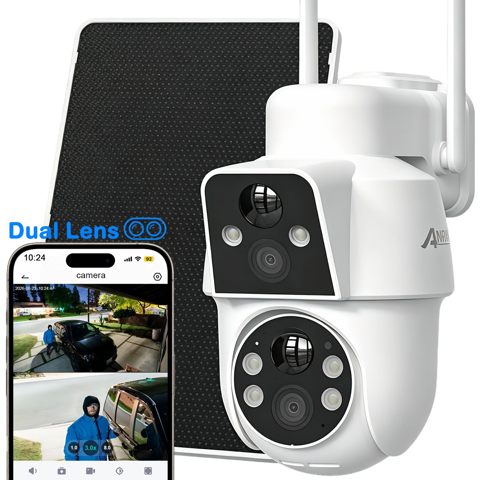 ANRAN Dual Lens Solar Security Camera Outdoor Wireless 360° View WiFi IP Cameras