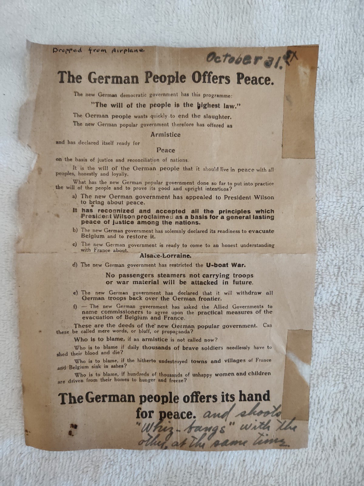 WWI Aerial Leaflet, The German People Offers Peace, 1918