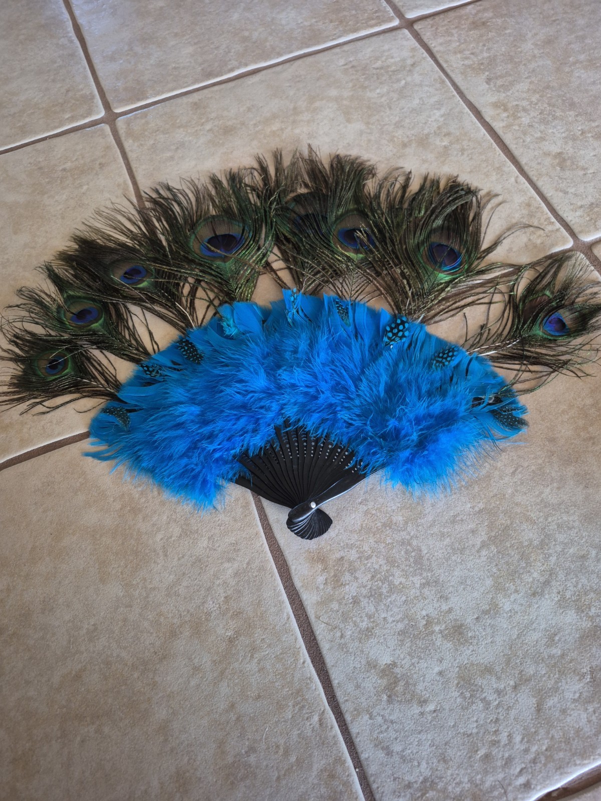 Vintage Peacock and Blue Bird Feathers Handcrafted Fan Large Size 20 X 14 Inches