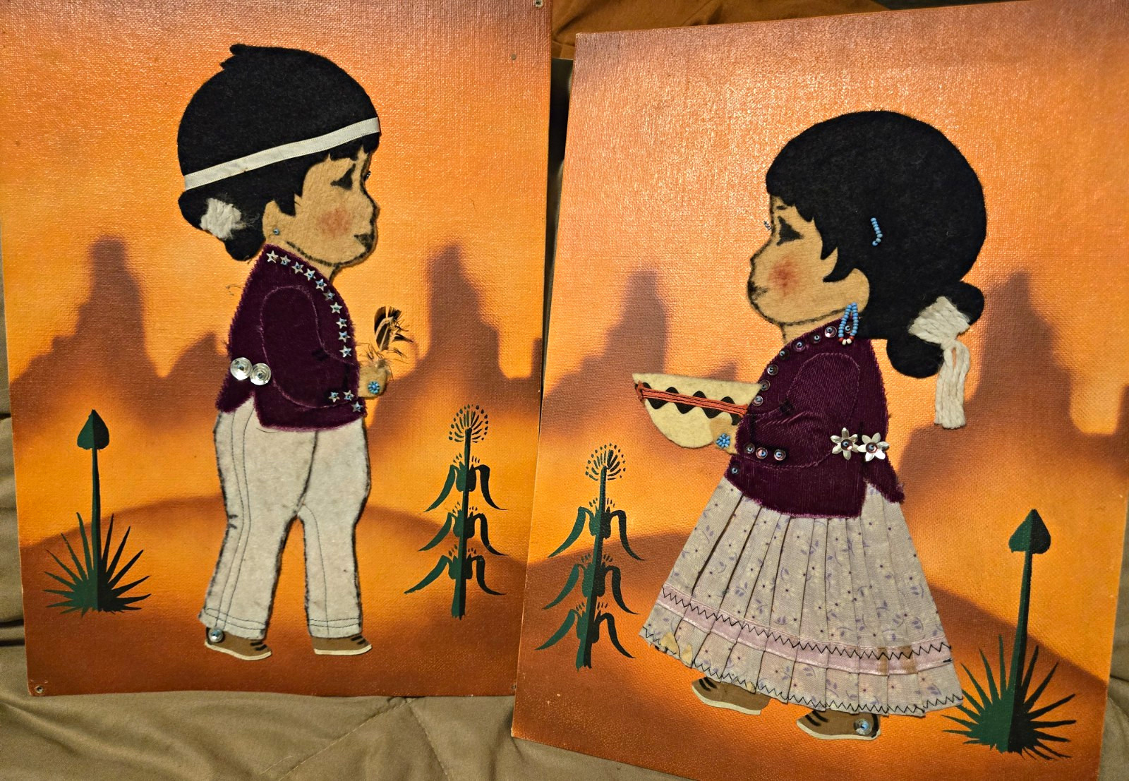 Authentic vintage pair of Native American Navajo folk art Set 2 10x14 Unframed