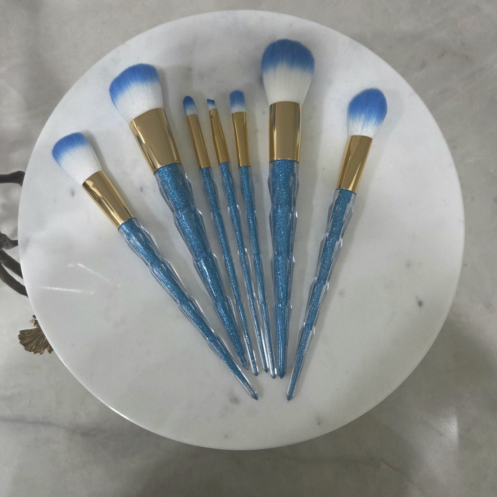 7pcs Blue Glitter Unicorn Handle Makeup Brushes – Shiny, Soft Bristles,...