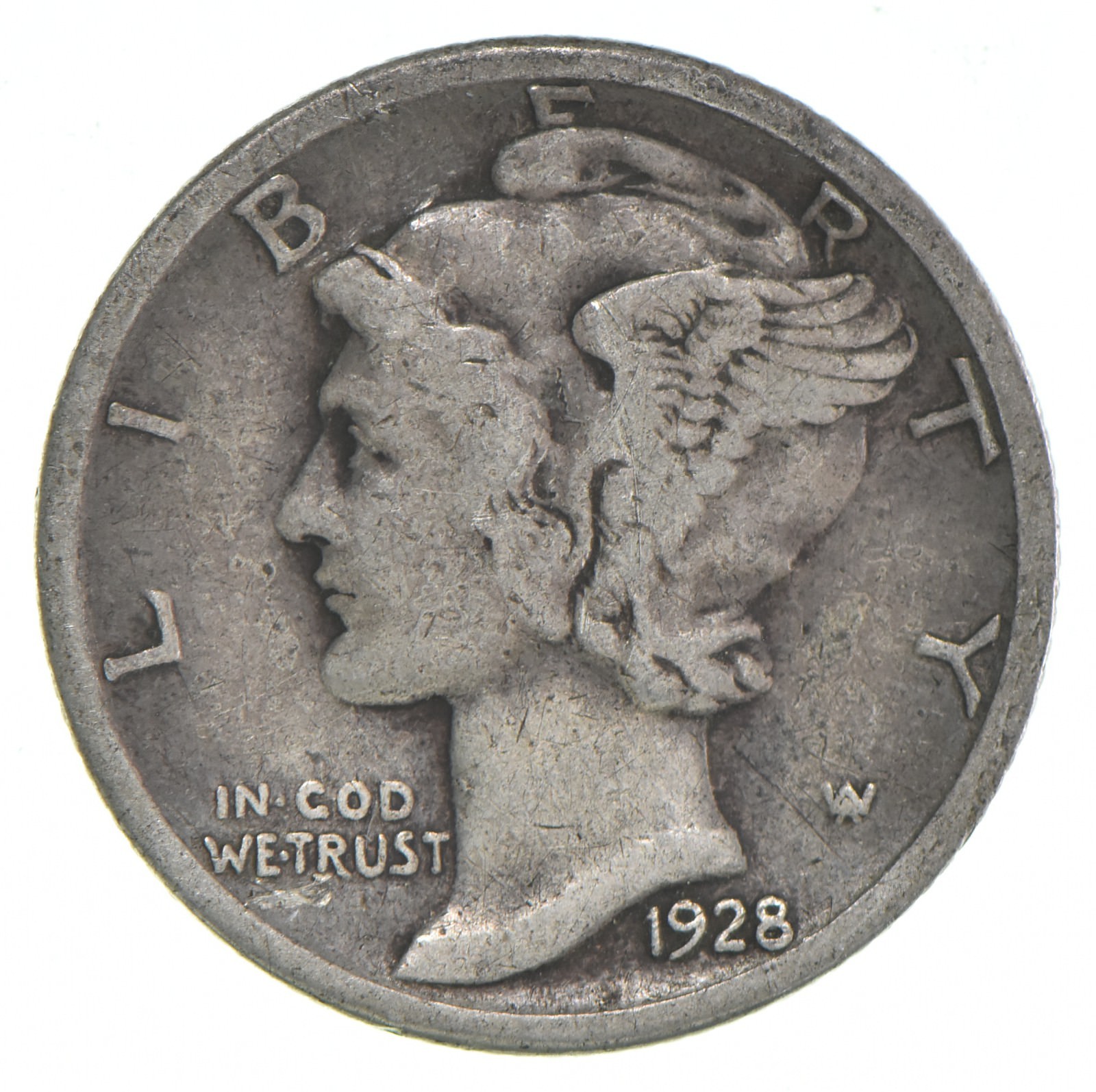 VG+ 1928-D Mercury 90% Silver Dime VG+ 1928-D Mercury 90% Silver Dime