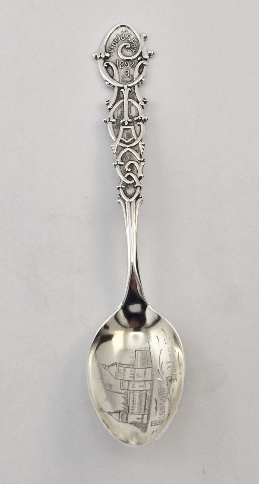 Vintage 1893 World\'s Fair Missouri Building Sterling Silver Souvenir Spoon 10.5g