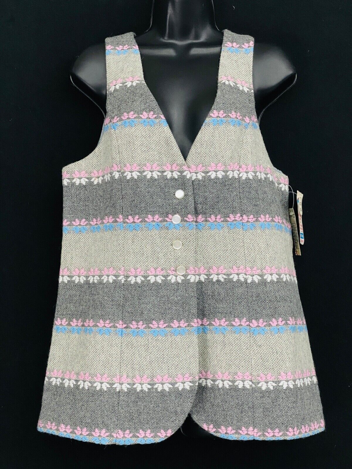 Vintage 1970s gray striped vest, deadstock NWT top pink floral blue wool M Vintage 1970s gray striped vest, deadstock NWT top pink floral blue wool M