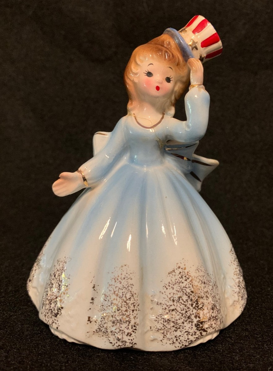 Vintage Josef Originals Patriotic Belle Figurine Bell Uncle Sam Top Hat 1950s