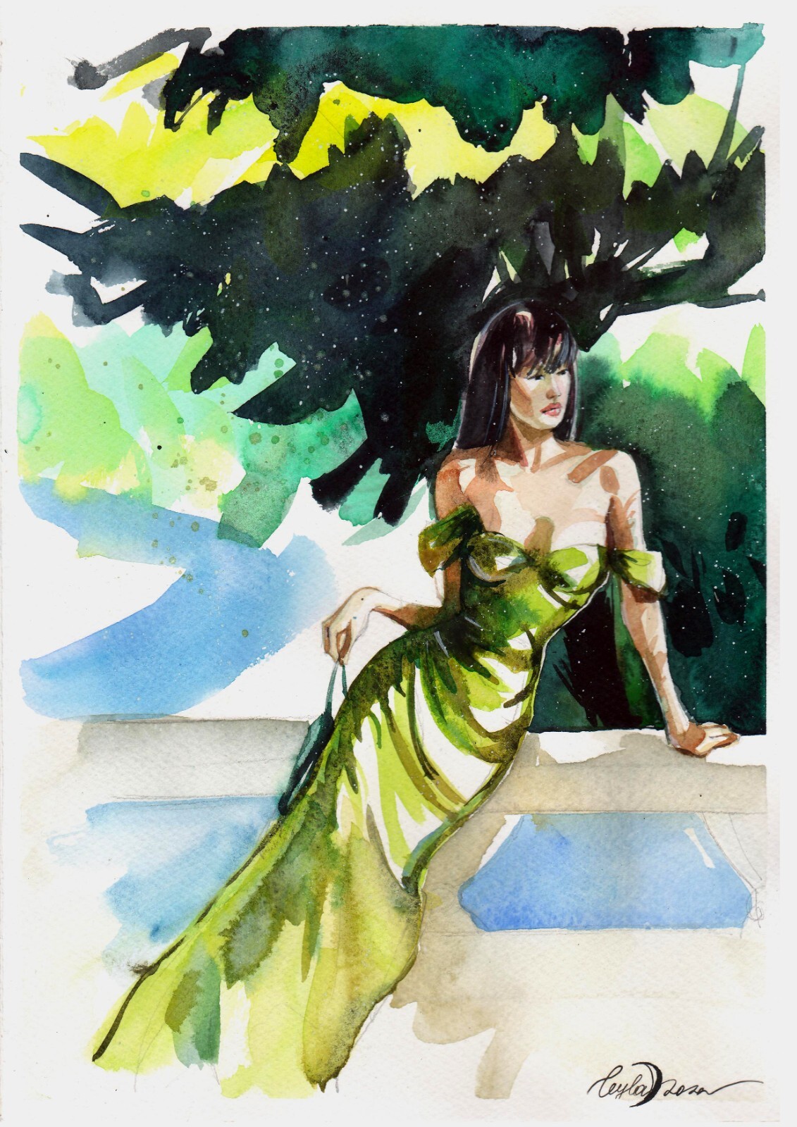 Original Watercolor Painting Sitting Female Figure Asian Women Wall Art