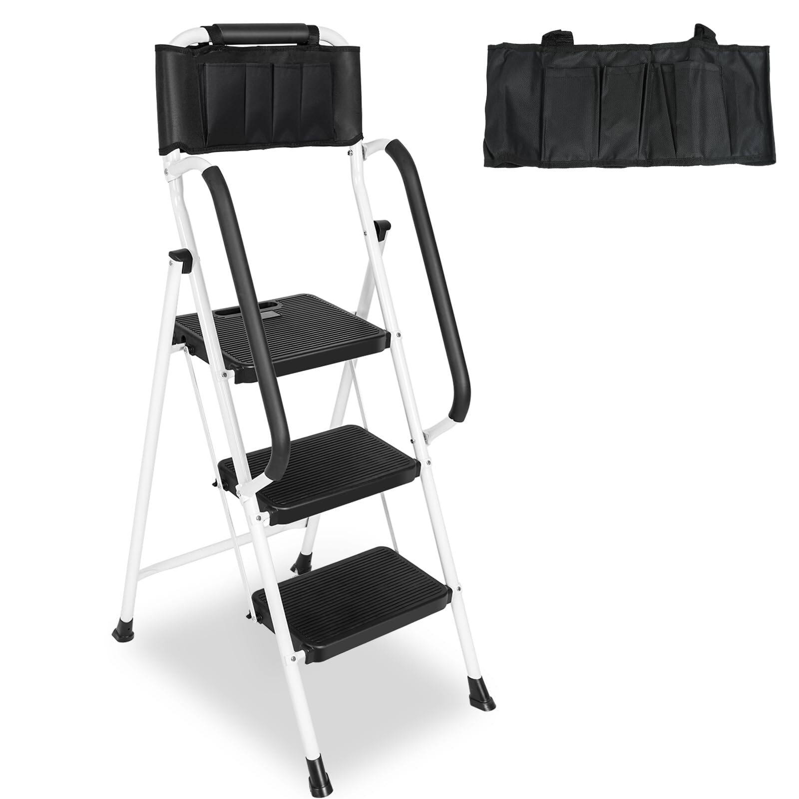 3 Step Ladder Handrails 500 lbs Folding Step Stool Ladder, Wide Non-Slip Pedal