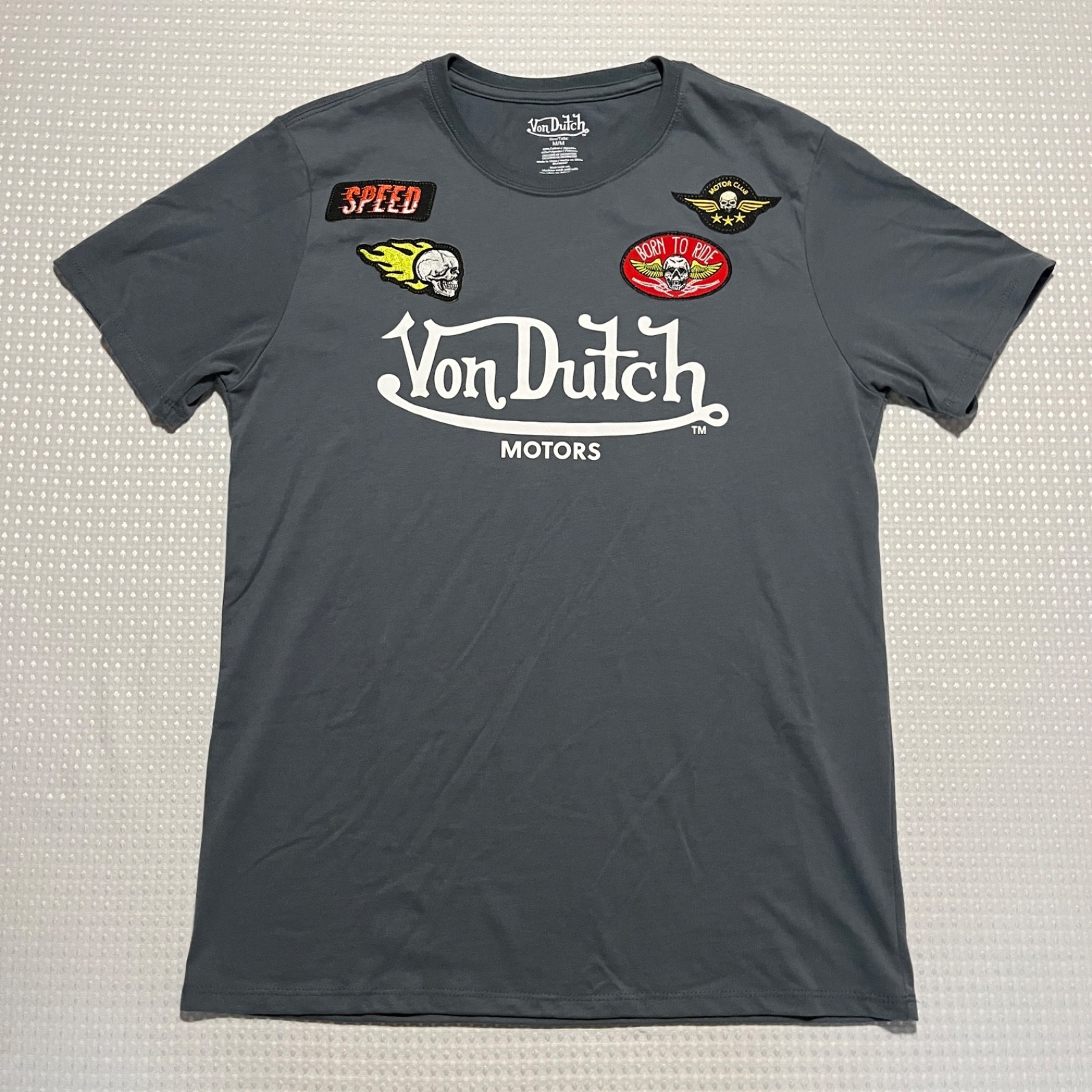 LNWT Von Dutch Motors Gray Flying Eyeball  Short-sleeve T-shirt Patches Sz. Med