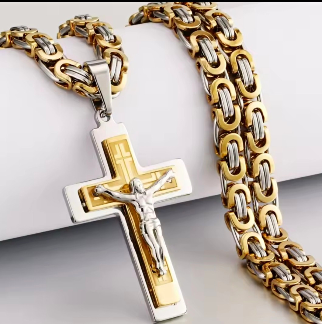 Stainless Steel Two Tone Gold Silver Byzantine Chain Cross Pendant Necklace 60cm