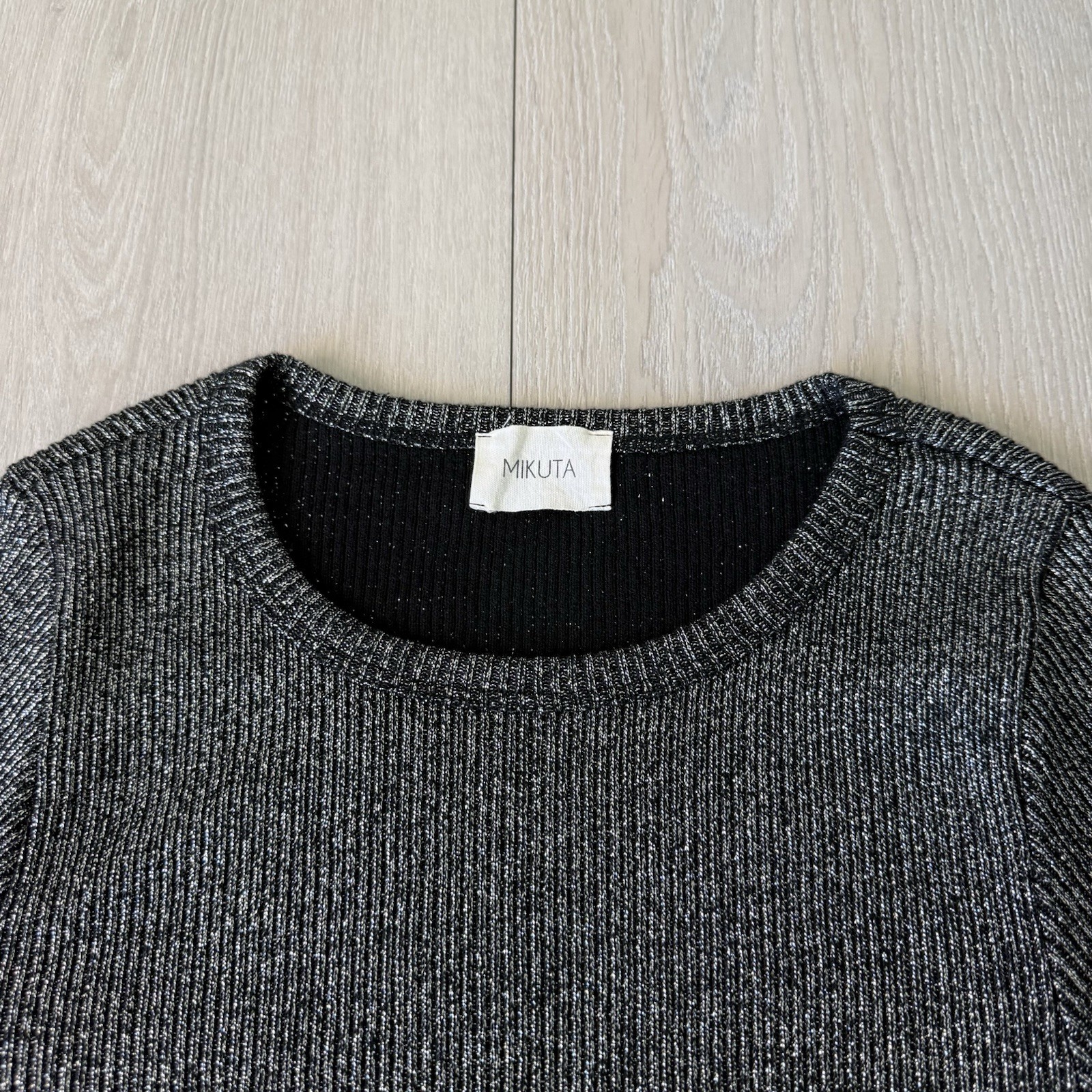 MIKUTA Gray Ribbed Knit Cotton Blend Crew Neck Long Sleeve Pullover Top L Large