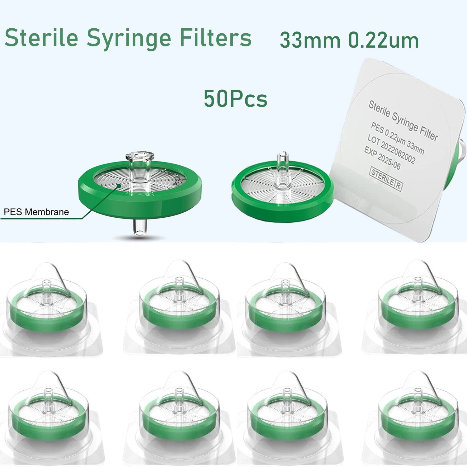 300Pcs Sterile Syringe Filter 33mm 0.22 Micron PES Membrane Hydrophilic