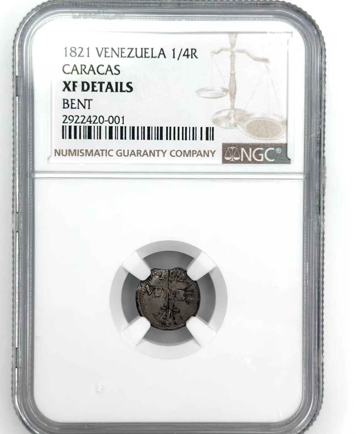 1821 Venezuela 1/4 Real Caracas, Venezuelan provinces XF DETAILS BENT NGC