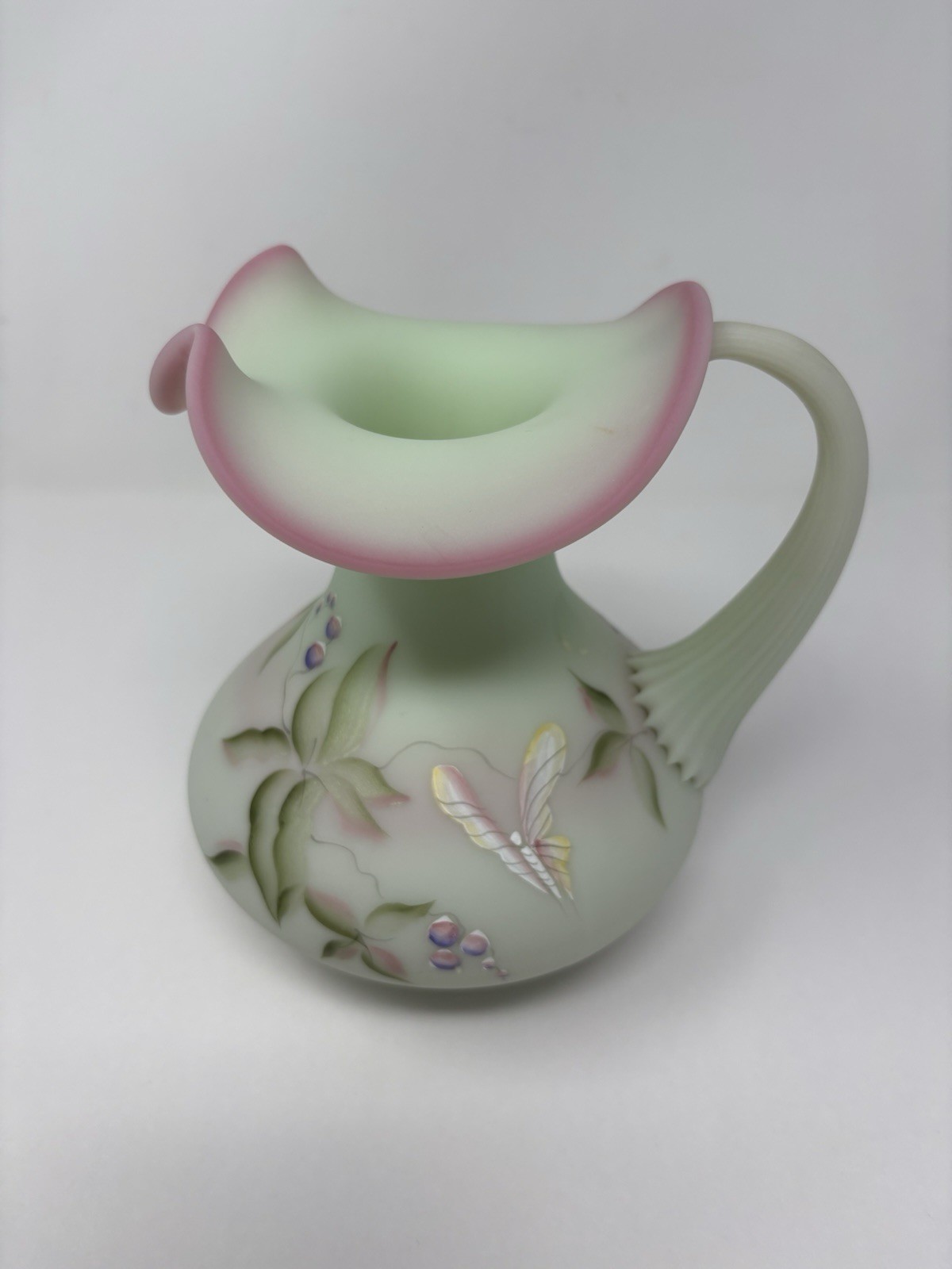 Fenton Lotus Mist Burmese Art Glass Butterfly & Berry Pitcher