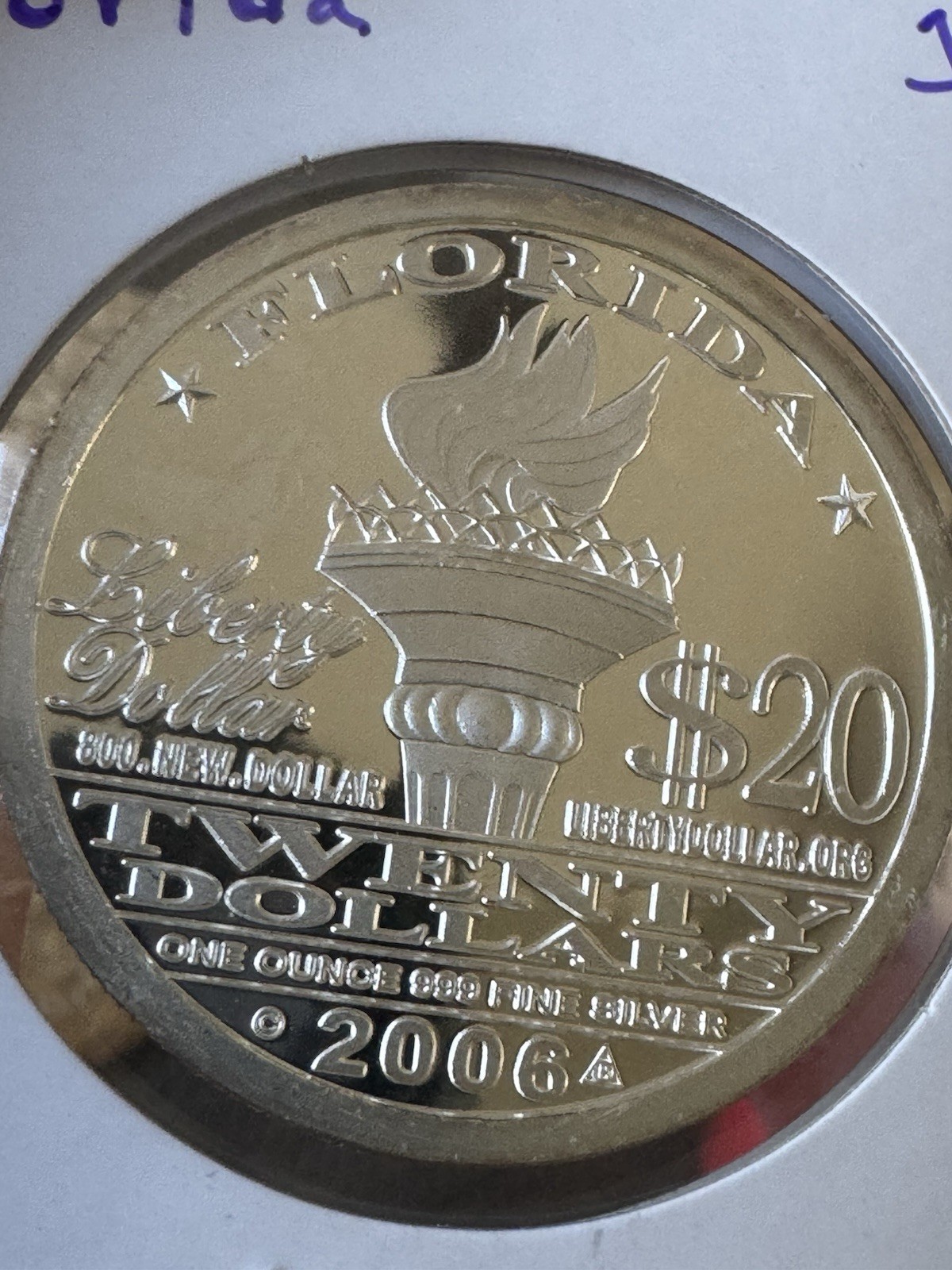 2006 Florida Norfed $20 1 oz .999 Fine Silver Fantasy Coin. Great condition