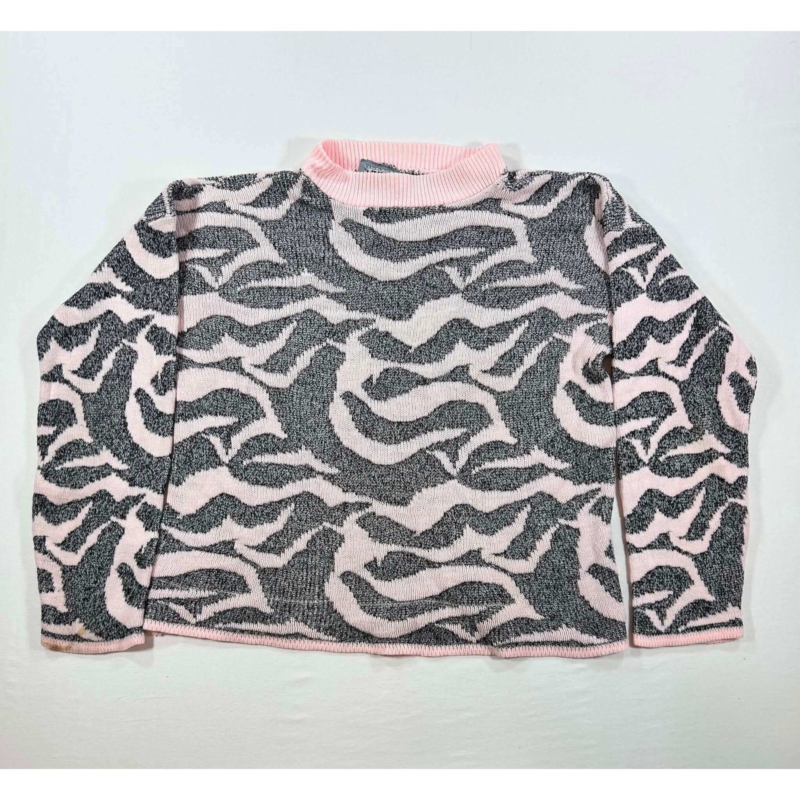 Vintage Adele Knitwear Pink Grey Animal Print Mock Neck Sweater Made in USA