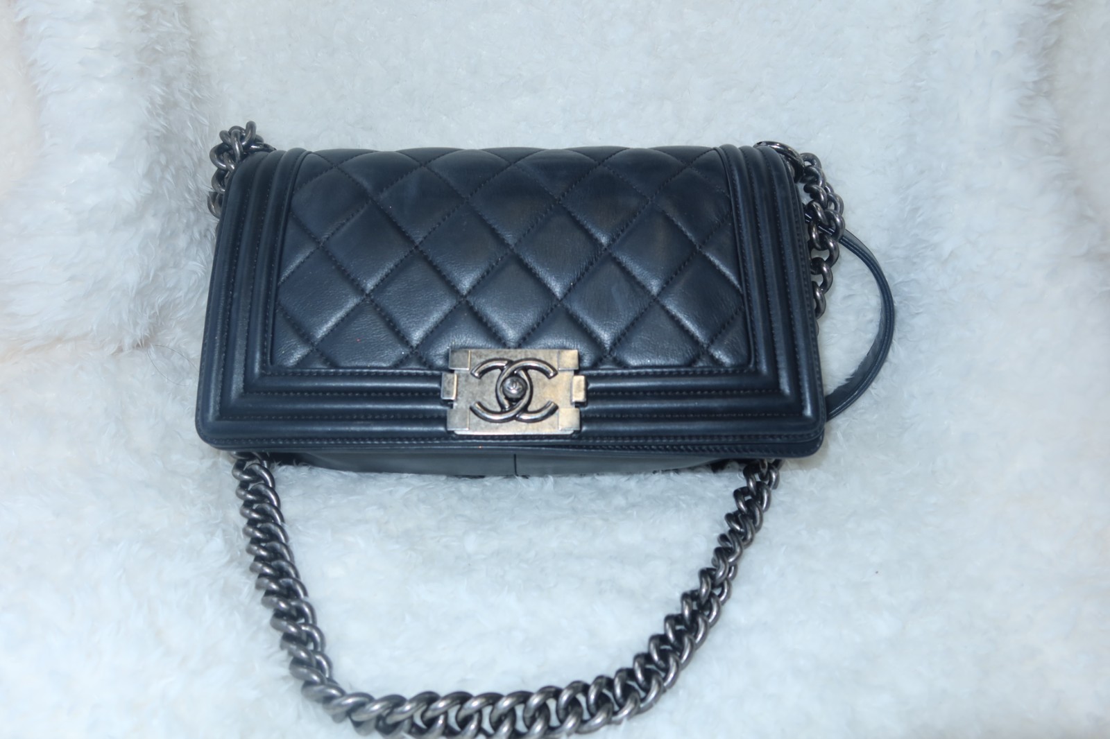 Authentic CHANEL Boy Old Medium Black Lambskin Ruthenium Chain Bag Authentic CHANEL Boy Old Medium Black Lambskin Ruthenium Chain Bag