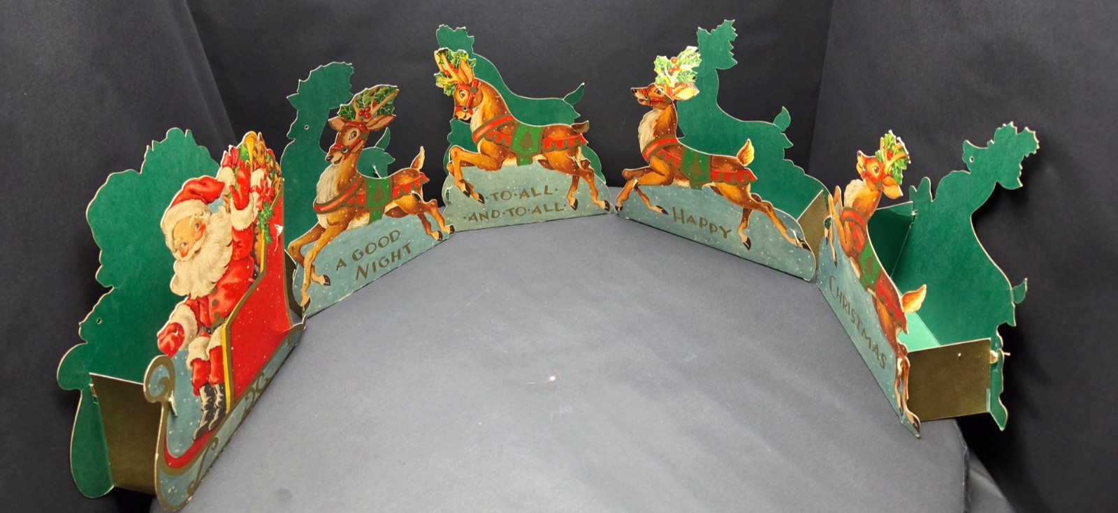 VTG 1950s Santa Sleigh Reindeer Cardboard Stand Up Christmas Display 5 Pc