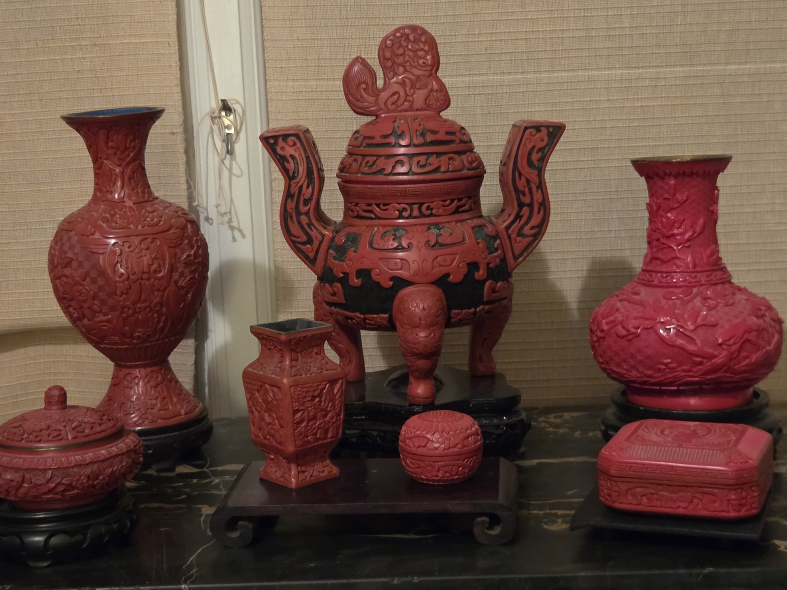 Vintage Chinese Cinnabar Lacquerware 7pc Set Vintage Chinese Cinnabar Lacquerware 7pc Set