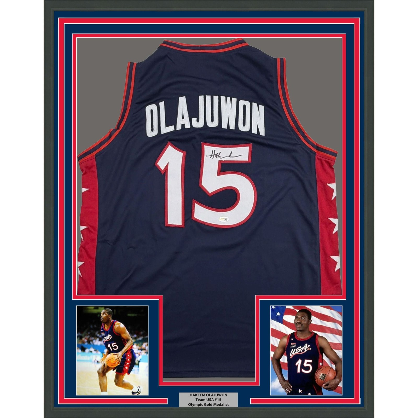 Framed Autographed/Signed Hakeem Olajuwon 35x39 USA Olympics Jersey JSA COA Framed Autographed/Signed Hakeem Olajuwon 35x39 USA Olympics Jersey JSA COA