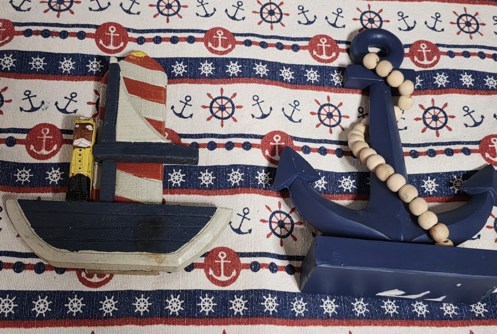 Lot of 3 Nautical Decor Pieces Wood Nautical & Anchor & Fabric Placemat Vtg