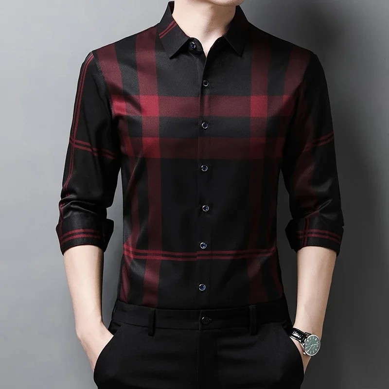 Camisa Ajustada De Seda De Hombres Ropa De Vestir Manga Larga a Cuadros Elegante