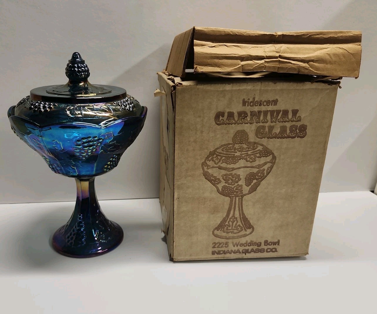 Vintage Indiana Glass Blue Carnival Glass Harvest Grape Wedding Bowl Lidded Box