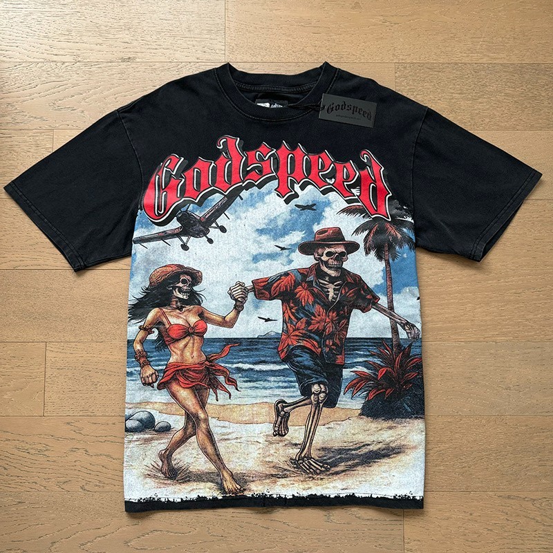 26/SS Mens Godspeed Summer Beach Skeleton Couple print Tee Washed T-shirt 26/SS Mens Godspeed Summer Beach Skeleton Couple print Tee Washed T-shirt