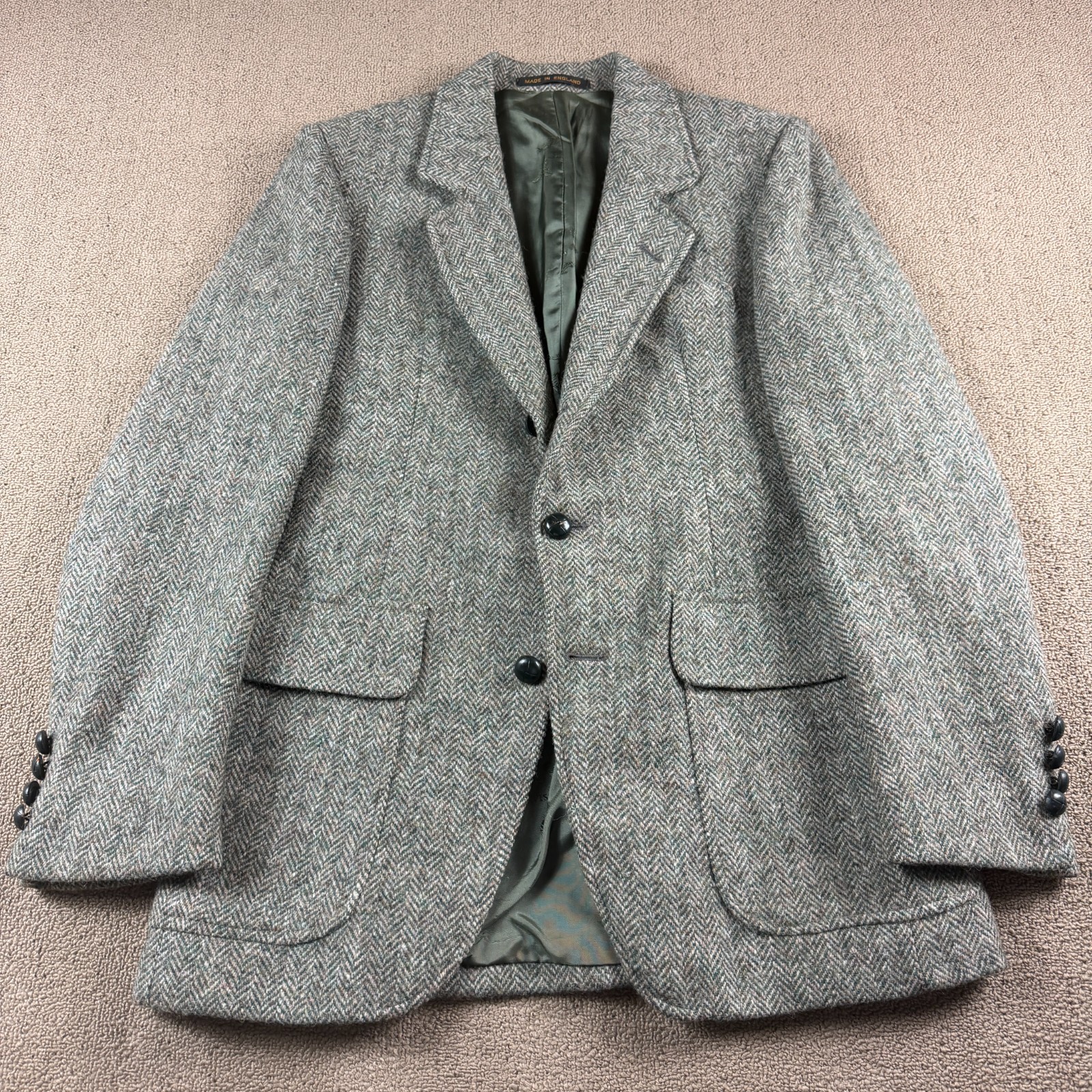 Orvis X Harris Tweed Wool Tweed 3/2 Roll Sport Coat Green Herringbone Size 38R