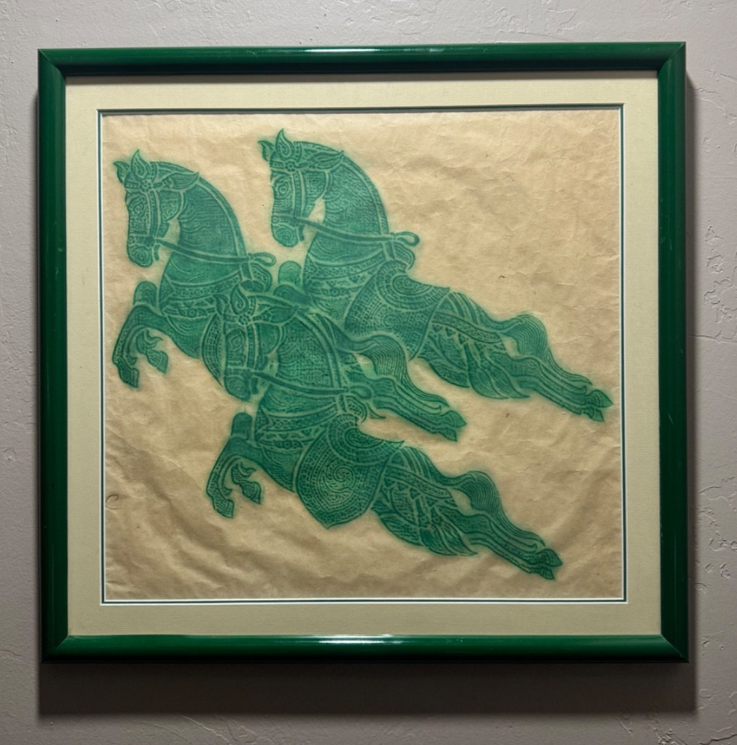 Vintage Thai Temple Rubbing 3 Horses Green Rice Paper Art Framed Mid Century MCM Vintage Thai Temple Rubbing 3 Horses Green Rice Paper Art Framed Mid Century MCM