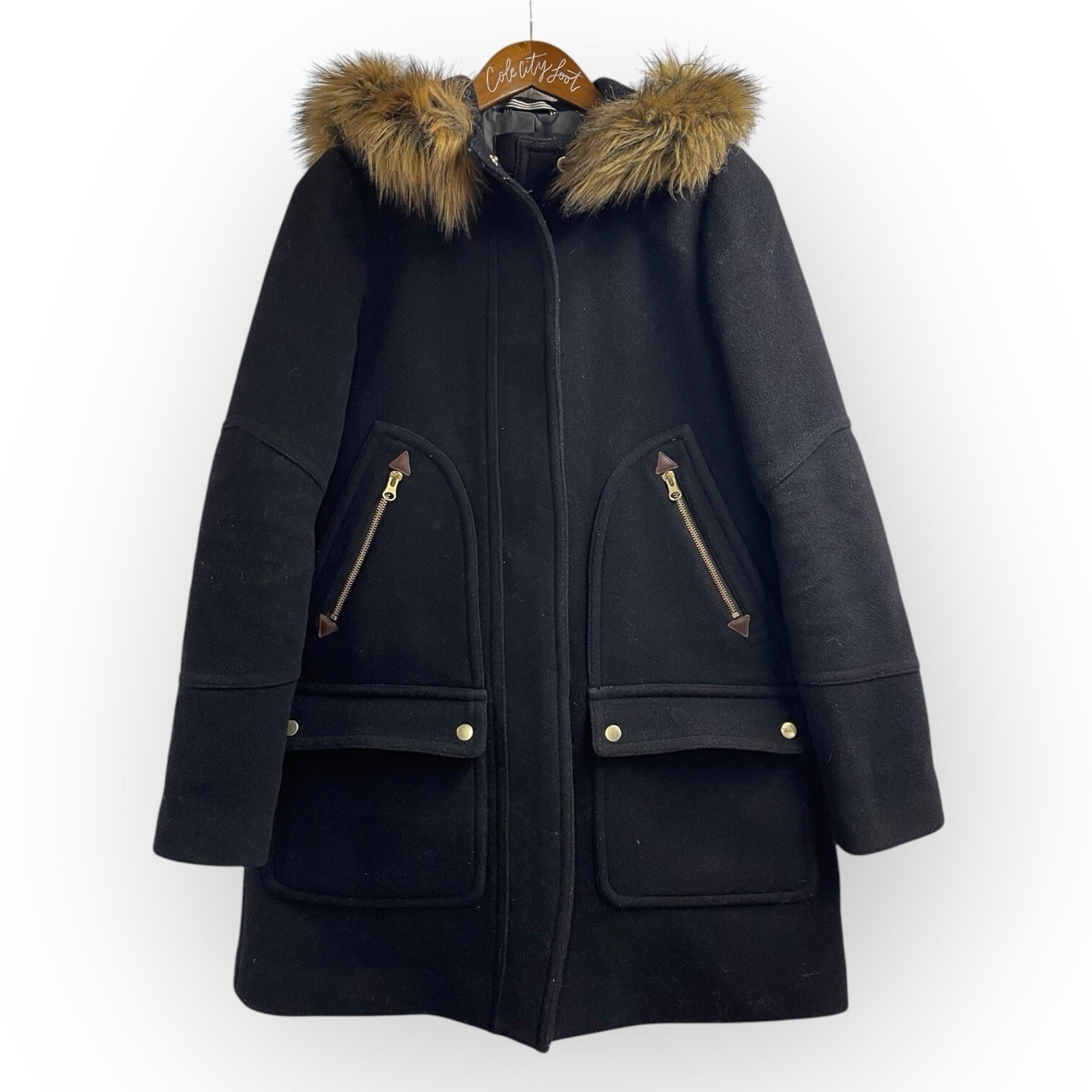 J Crew Chateau Parka 6 Tall Black Italian Stadium Cloth Faux Fur Trim Hood