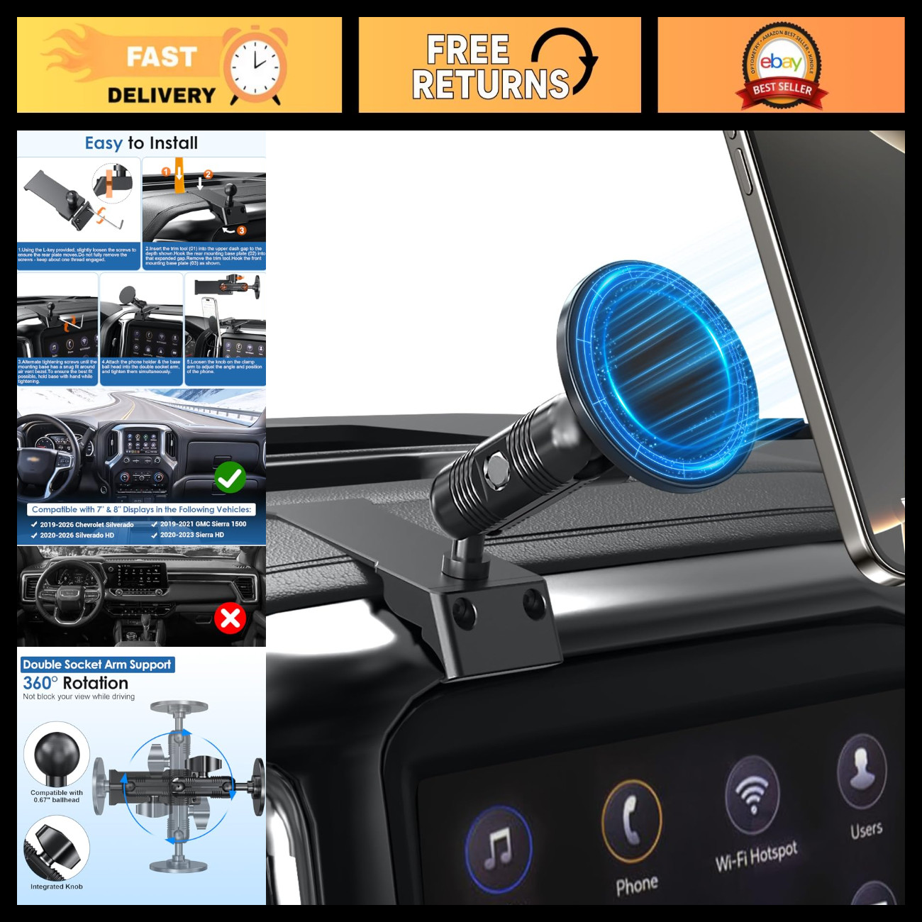 Metal Magnetic Phone Mount for Chevy Silverado HD 2019-2026, 7\