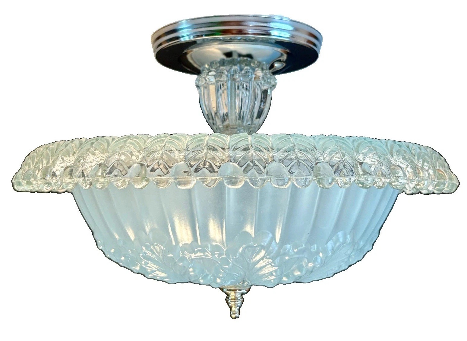 Antique 1930s 1940s Art Deco Nouveau Blue Fern Leaf Glass Ceiling Light Fixture
