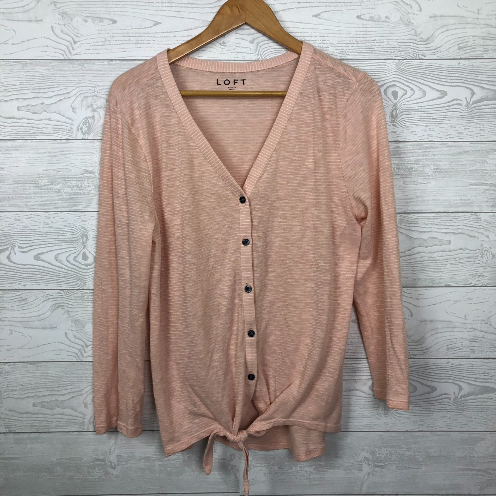 Ann Taylor LOFT Women\'s Large Button Front Knit Top Tie Waist V Neck 3/4 Sleeve