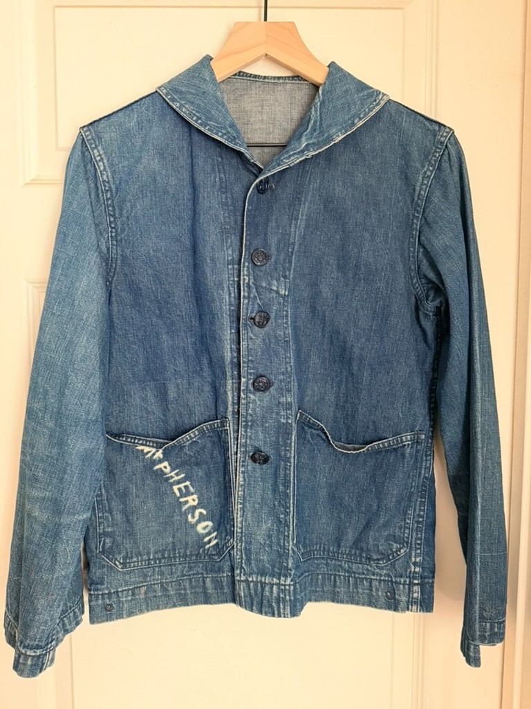 Authentic Vintage 1940s WWII USN US Navy Denim Shawl Collar Chore Jacket Authentic Vintage 1940s WWII USN US Navy Denim Shawl Collar Chore Jacket
