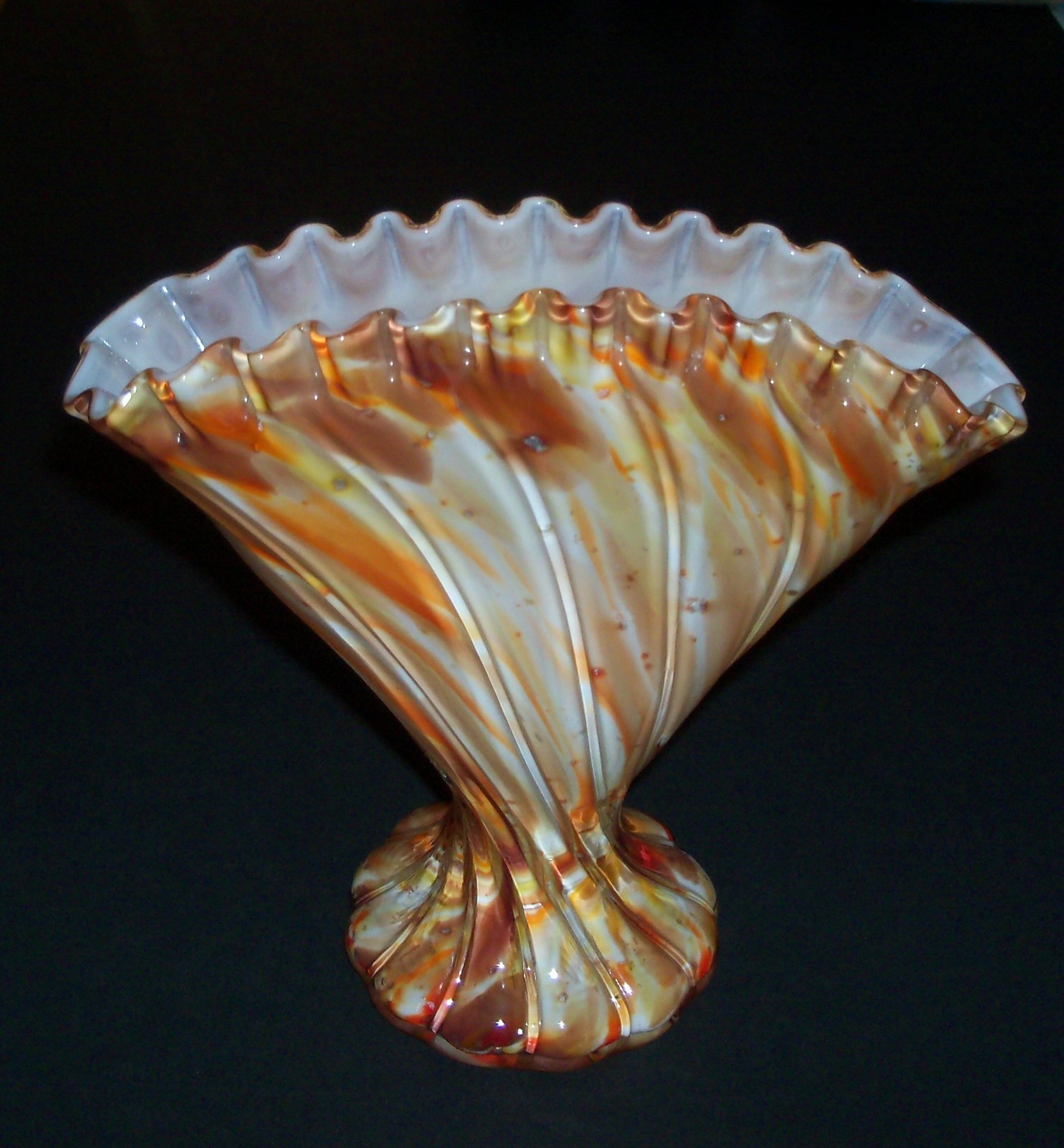 1960\'s Fenton Pre-Logo Vasa Murrhina Fan Vase Gold Aventurine /Autumn Orange 7\
