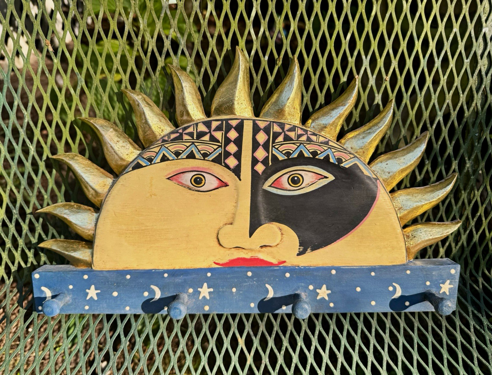 Vintage Hand Painted Wood Sun Moon Stars Wall Hook Rack, Folk Art, 4 Hooks Vintage Hand Painted Wood Sun Moon Stars Wall Hook Rack, Folk Art, 4 Hooks
