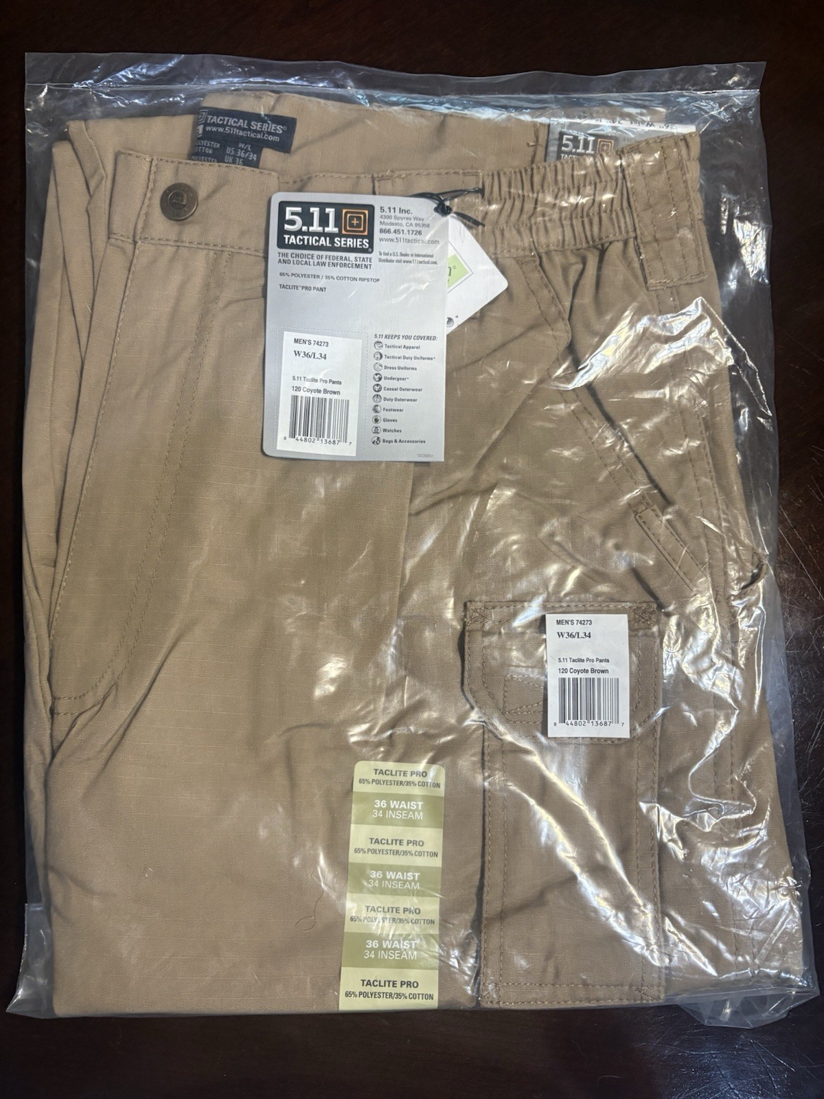 5.11 Tactical Taclite Pro Pants 74273 Coyote Brown 36x34 NEW NWT Tactical Cargo