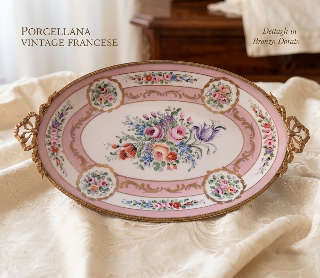 Antique French Limoges Sevres Style Porcelain Ormolu Tray Peint a la Main Roses Antique French Limoges Sevres Style Porcelain Ormolu Tray Peint a la Main Roses