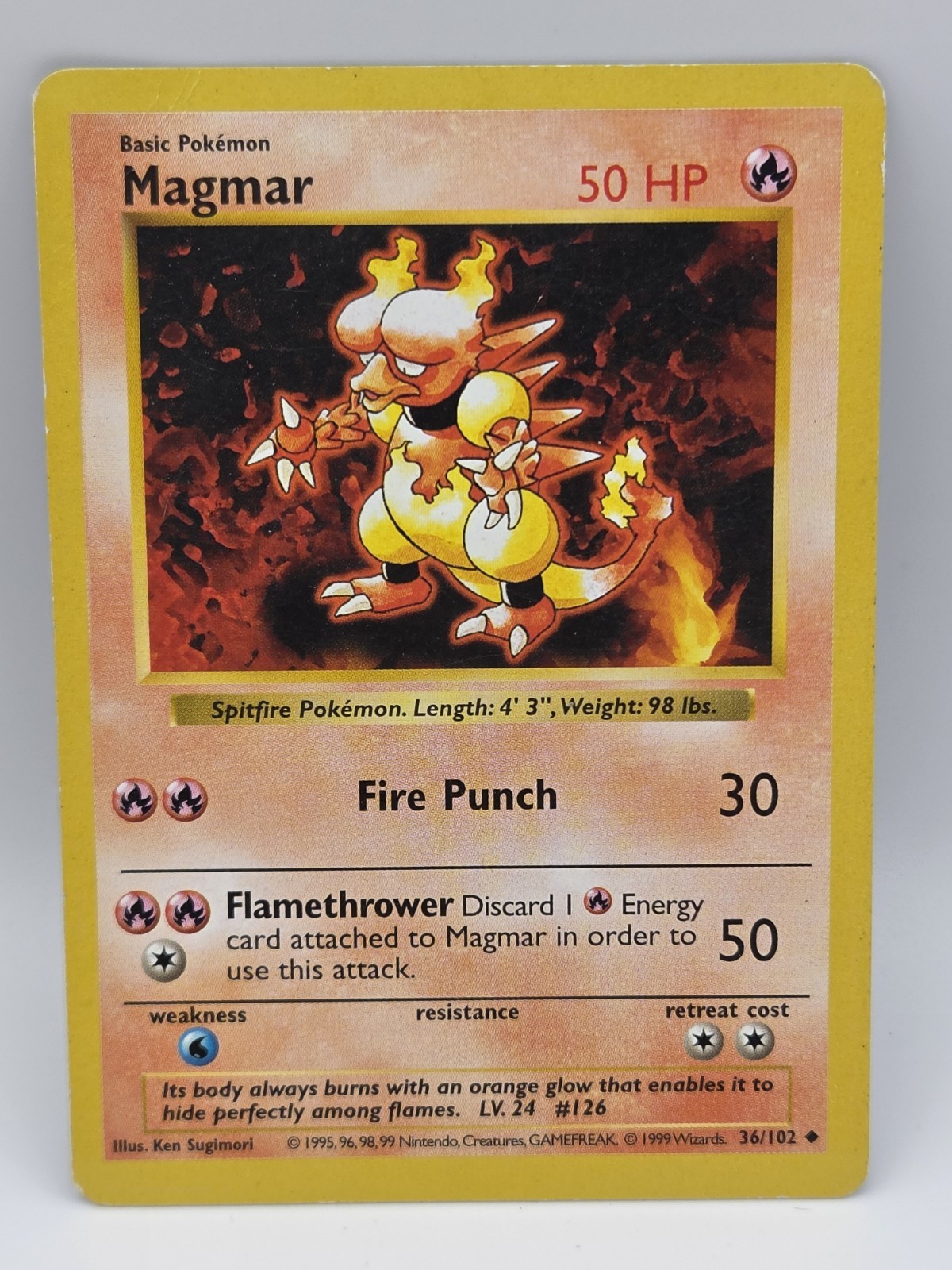 Pokémon Shadowless Magmar 36/102 Base Set MP Crease WOTC Vintage