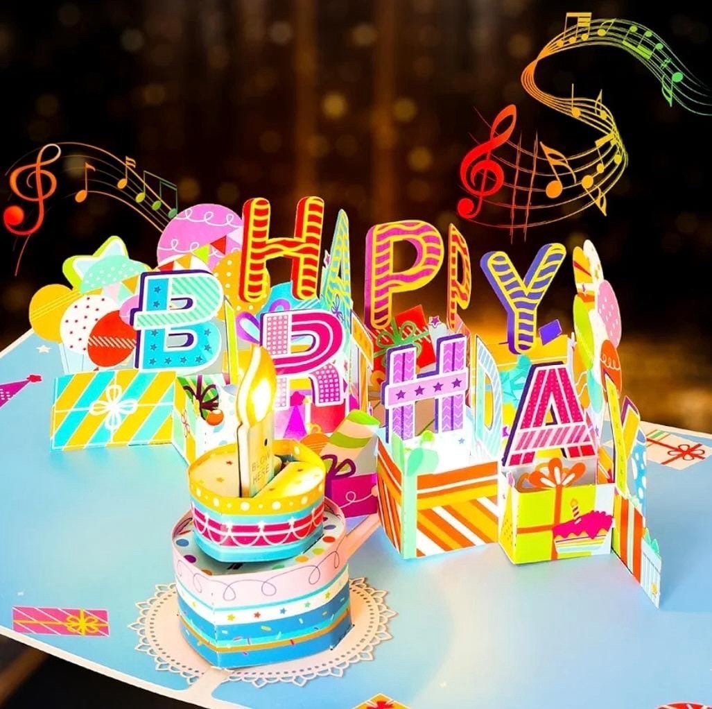 Happy Birthday 3D Musical Pop Up Card LED Blow Out Light & Music Birthday Gift 