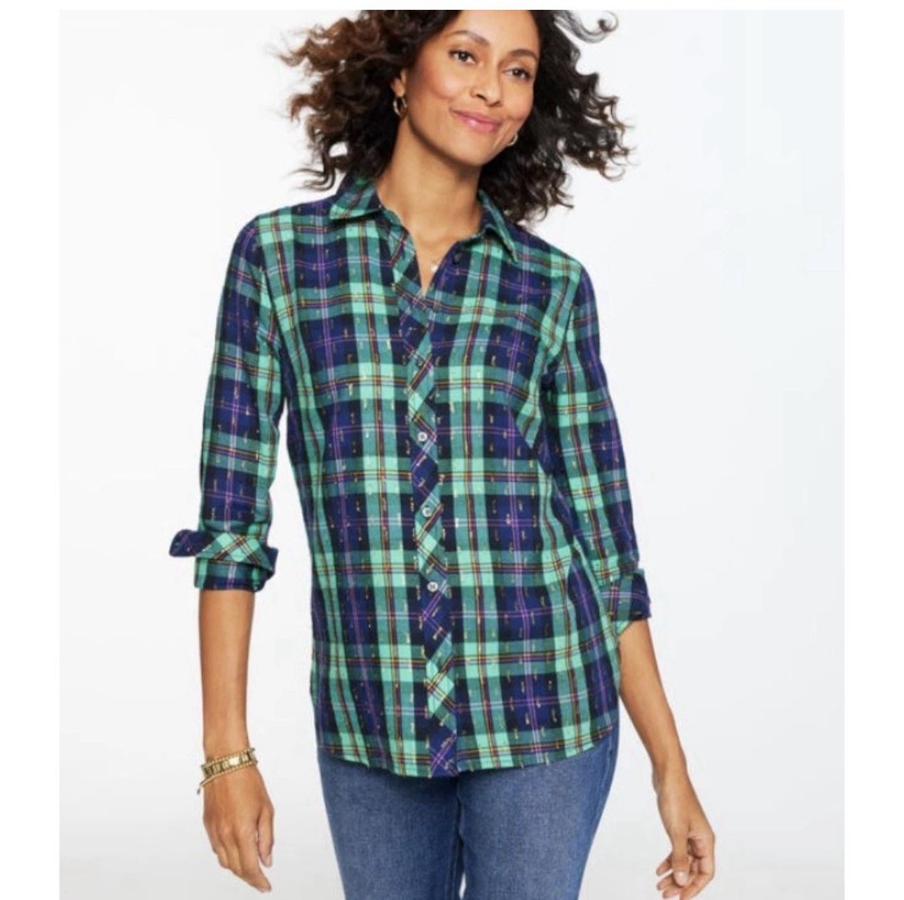 Talbots Metallic Modern Classic Shirt Cheerful Plaid Blue Green Gold NWT Large