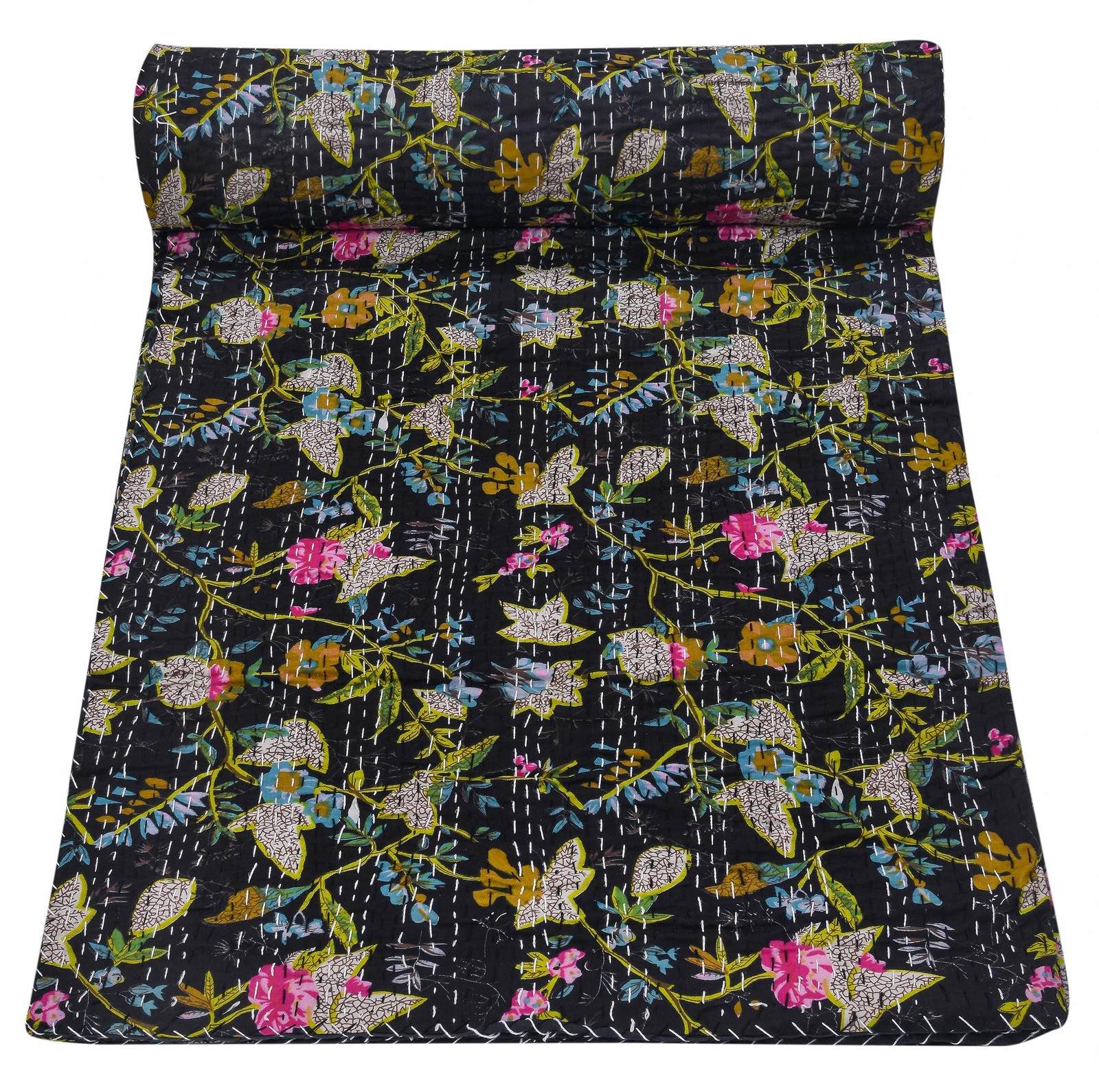 Marubhumi Indian Handmade Vintage Kantha Paradise Quilt Black Queen 90x108