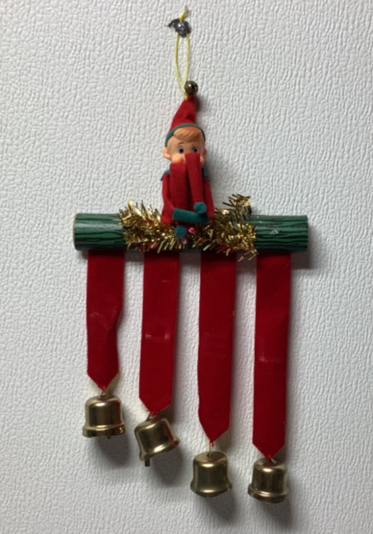 Vintage Knee Hugger Christmas Elf on Log Red Velvet Christmas Bells Wall Hanging