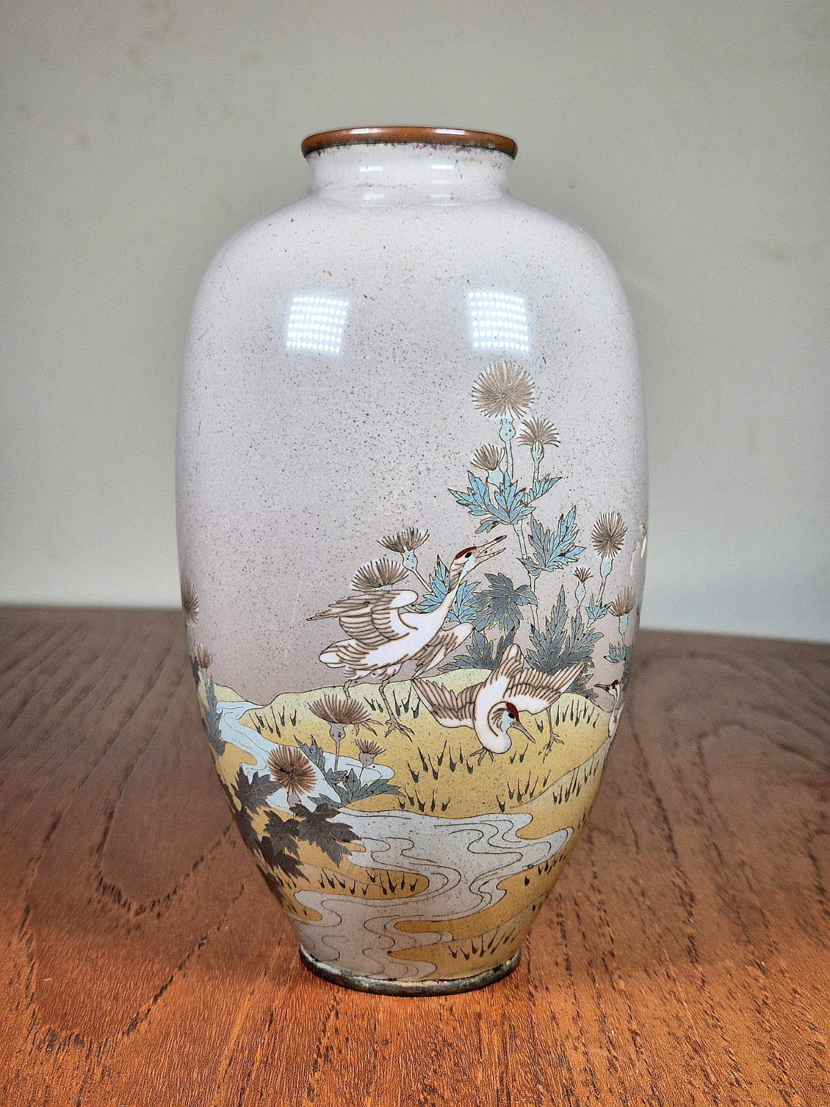 Antique Japanese Meiji Cloisonne Vase Cranes & Thistles Pale Grey Enamel
