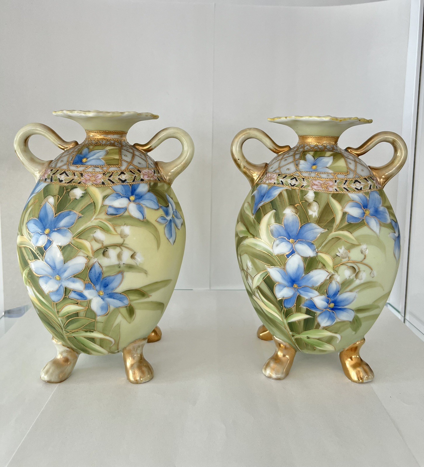 VINTAGE NORITAKE NIPPON HAND PAINTED PORCELAIN VASE BLUE FLORAL PAIR 7 VINTAGE NORITAKE NIPPON HAND PAINTED PORCELAIN VASE BLUE FLORAL PAIR 7