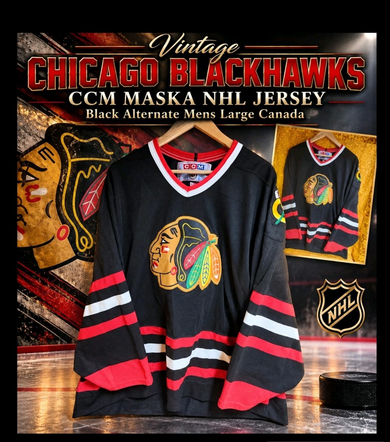 Vintage Chicago Blackhawks CCM Maska NHL Jersey Black Alternate Mens Large...