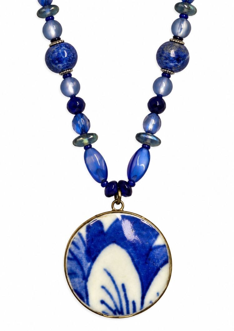 Unique Vintage Blue Porcelain Shard Necklace Handmade Chinese Pendant 24\