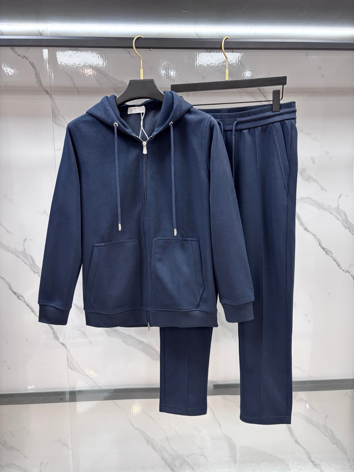 Brunello Cucinelli Hooded Zip-Up Long-Sleeve Sweatshirt Casual Pants Set Navy